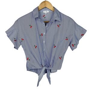 Love, Fire Cherry Embroidered Stripe Tie Front Crop Top Small